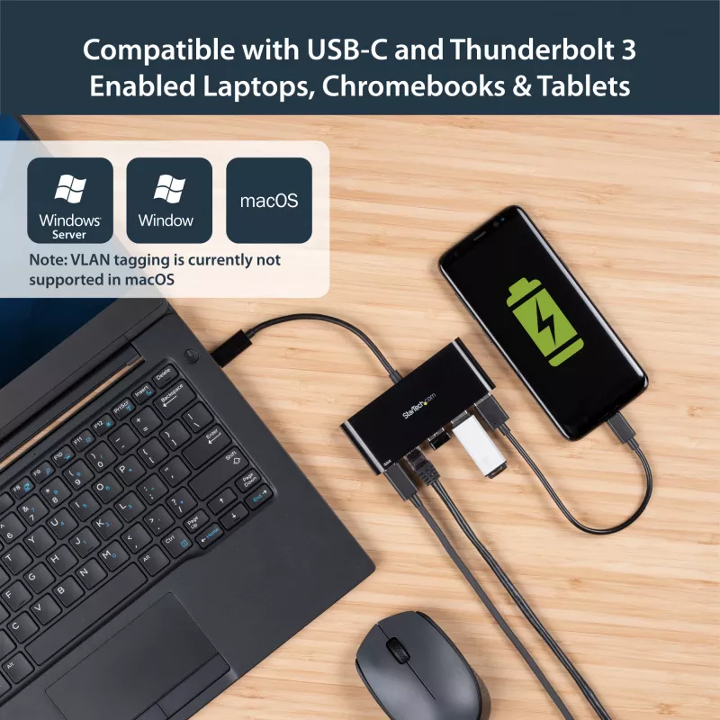 StarTech.com USB-C į eterneto adapteris su 3 prievadų USB 3.0 šakotuvu ir maitinimo tiekimu