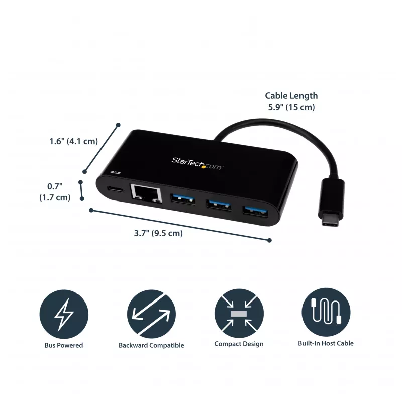 StarTech.com USB-C į eterneto adapteris su 3 prievadų USB 3.0 šakotuvu ir maitinimo tiekimu