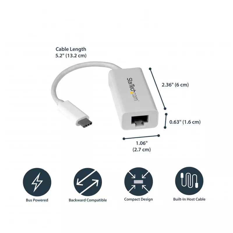 StarTech.com USB-C į Gigabit tinklo adapteris - balta, laidinis, USB Type-C, Ethernet, 5000 Mbit/s, balta