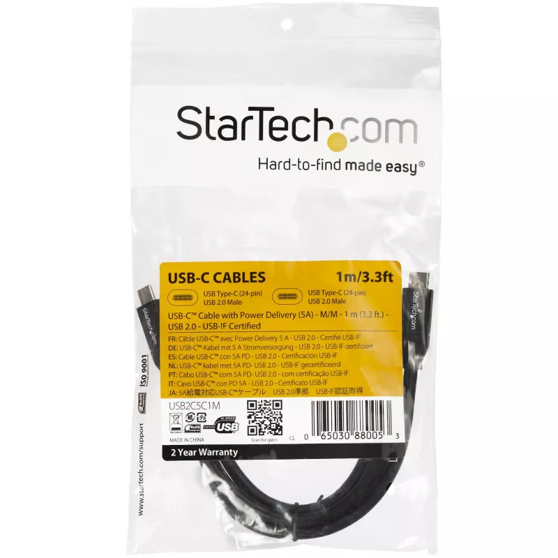 StarTech.com USB-C į USB-C laidas su 5A PD – V/V – 1 m (3 pėd.) – USB 2.0 – USB-IF sertifikuotas
