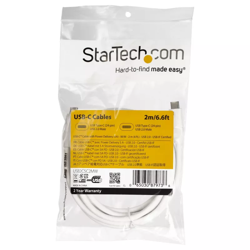 StarTech.com USB-C į USB-C laidas su 5A PD - M/M - Baltas - 2 m (6 pėd.) - USB 2.0 - USB-IF sertifikuotas