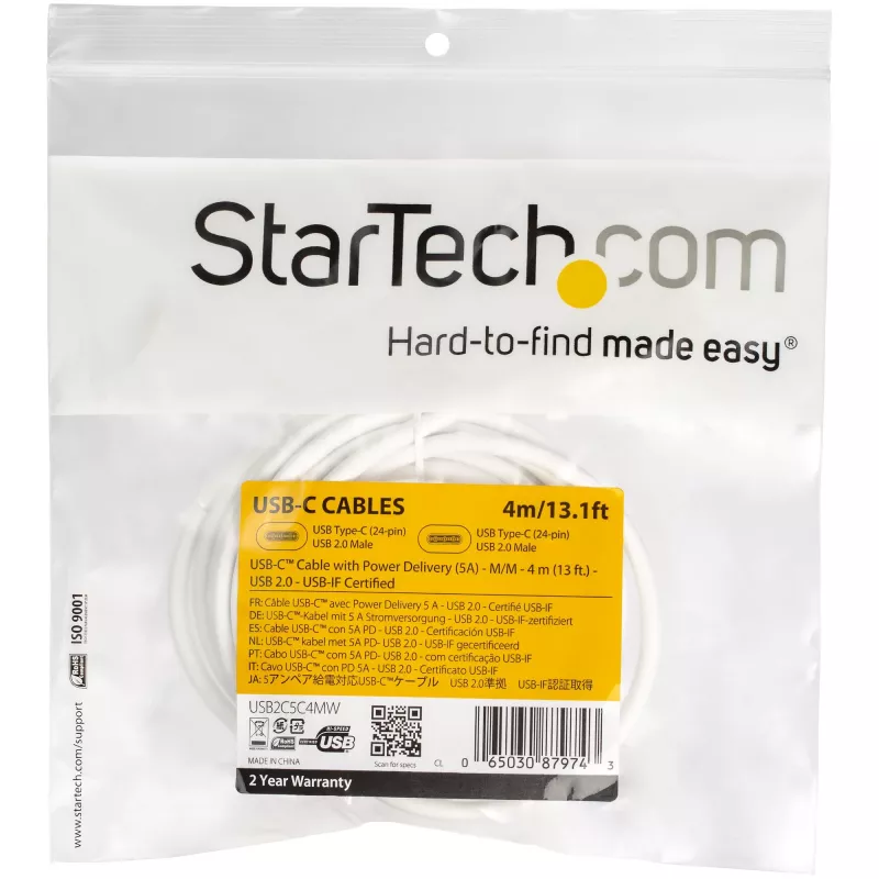 StarTech.com USB-C į USB-C laidas su 5A PD - M/M - Baltas - 4 m (13 pėd.) - USB 2.0 - USB-IF sertifikuotas