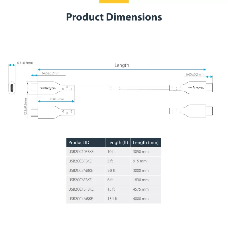 StarTech.com 3 m (9,8 pėd.) USB-C įkrovimo laidas, USB C laidas, USB 2.0 Type-C nešiojamojo kompiuterio įkroviklio laidas, 60 W 3 A galios tiekimas, TPE apvalkalas, USB-C duomenų perdavimo laidas, M/M