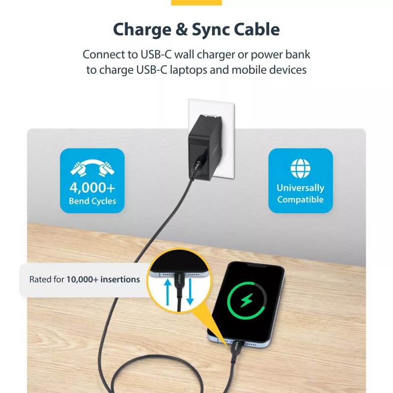 StarTech.com 3 m (9,8 pėd.) USB-C įkrovimo laidas, USB C laidas, USB 2.0 Type-C nešiojamojo kompiuterio įkroviklio laidas, 60 W 3 A galios tiekimas, TPE apvalkalas, USB-C duomenų perdavimo laidas, M/M