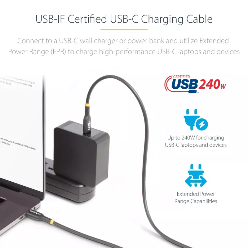 StarTech.com 1 m USB-C įkrovimo laidas, USB-IF sertifikuotas USB-C laidas, 240 W PD EPR, USB 2.0 Type-C nešiojamojo kompiuterio įkroviklio laidas, USB-C duomenų perdavimo laidas, TPE apvalkalas, M/M