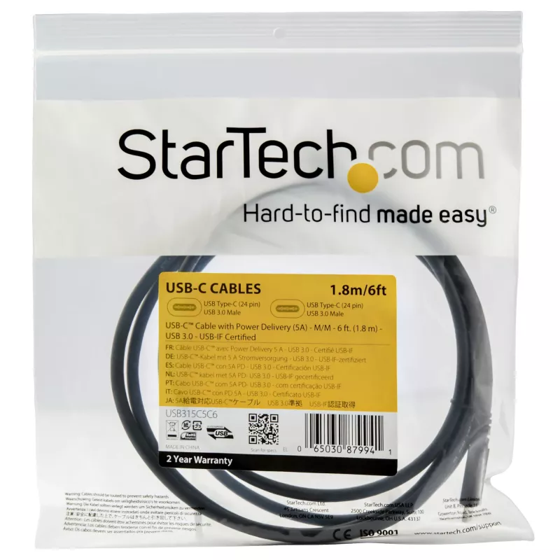 StarTech.com 6 pėdų (1,8 m) USB-C į USB-C kabelis – 5A, 100W PD 3.0 – sertifikuota veikia su Chromebook – USB-IF sertifikuota – M/M – USB 3.0 5Gbps – USB-C įkrovimo kabelis – USB Type-C kabelis