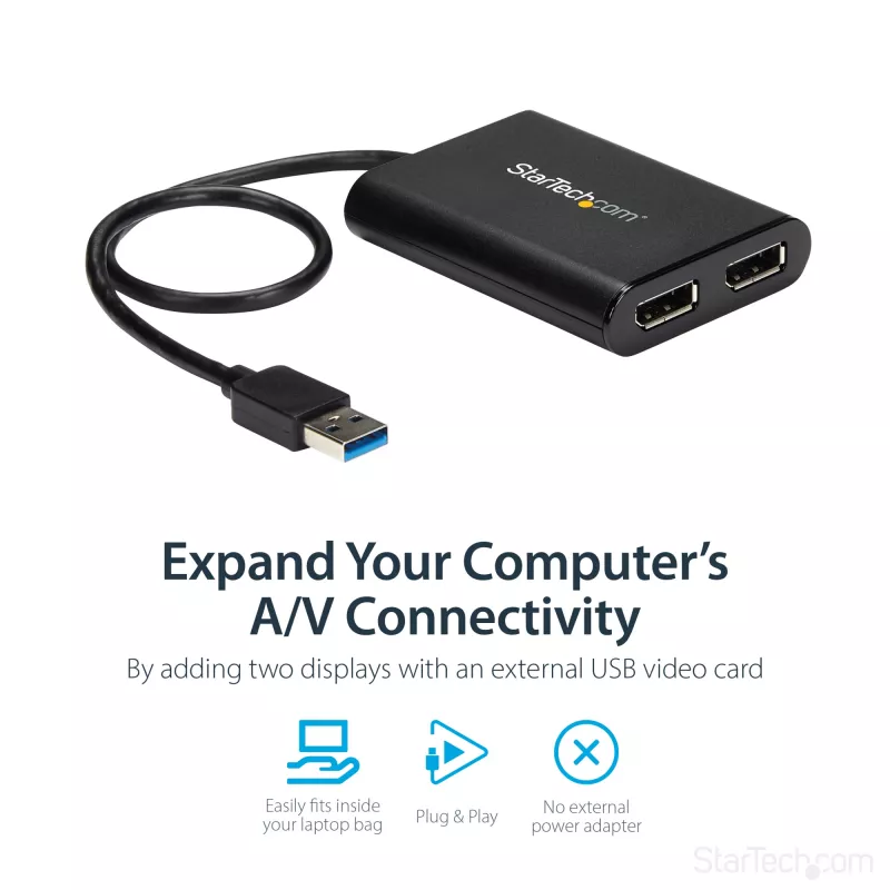 StarTech.com USB 3.0 į dviejų DisplayPort adapterį - 4K 60Hz, 3.2 Gen 1 (3.1 Gen 1), USB Type-A, DisplayPort išvestis, 4096 x 2160 pikselių