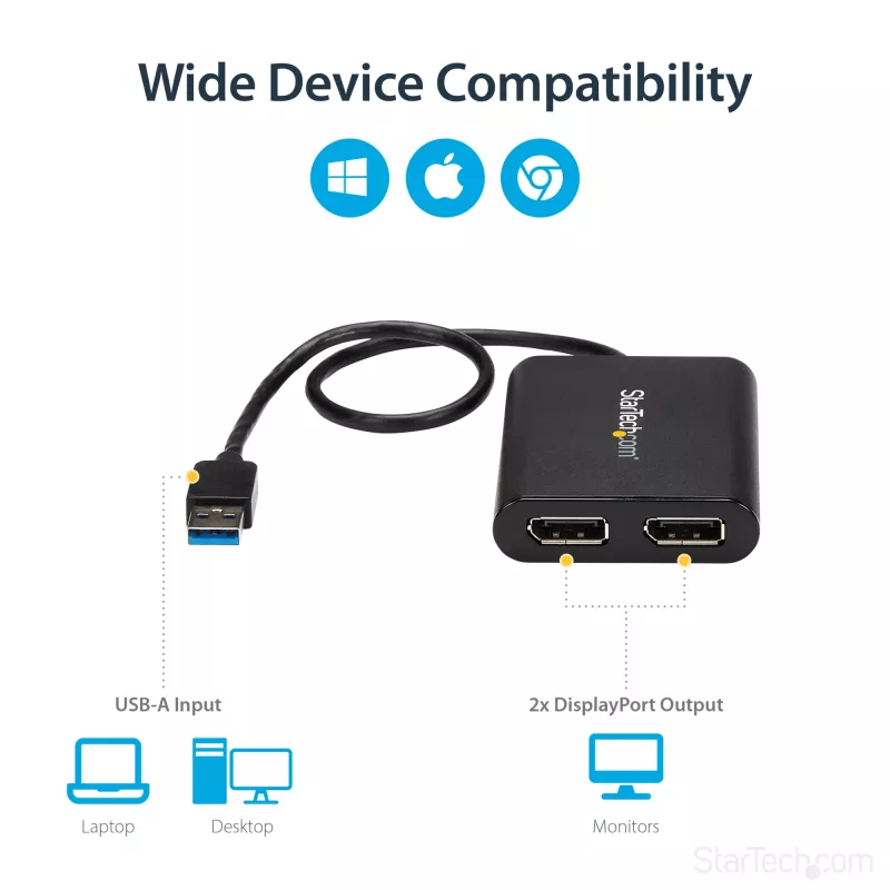 StarTech.com USB 3.0 į dviejų DisplayPort adapterį - 4K 60Hz, 3.2 Gen 1 (3.1 Gen 1), USB Type-A, DisplayPort išvestis, 4096 x 2160 pikselių