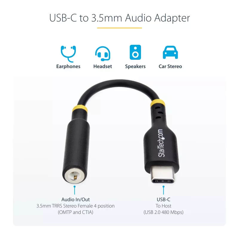 StarTech.com 5 colių (12,7 cm) USB-C į 3,5 mm TRRS ausinių / laisvų rankų įrangos lizdo garso adapteris, USB Type-C pagalbinis raktas, 32 bitų DAC, palaiko USB-C / Thunderbolt, nešiojamam kompiuteriui / telefonui / planšetiniam kompiuteriui