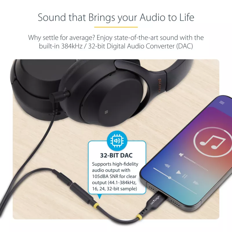 StarTech.com 5 colių (12,7 cm) USB-C į 3,5 mm TRRS ausinių / laisvų rankų įrangos lizdo garso adapteris, USB Type-C pagalbinis raktas, 32 bitų DAC, palaiko USB-C / Thunderbolt, nešiojamam kompiuteriui / telefonui / planšetiniam kompiuteriui