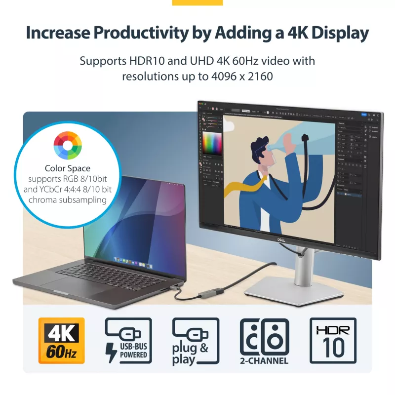 StarTech.com USB-C to HDMI Adapter, 4K 60Hz Video, HDR10, USB-C to HDMI Monitor Dongle, USB4 / Thunderbolt Suderinama