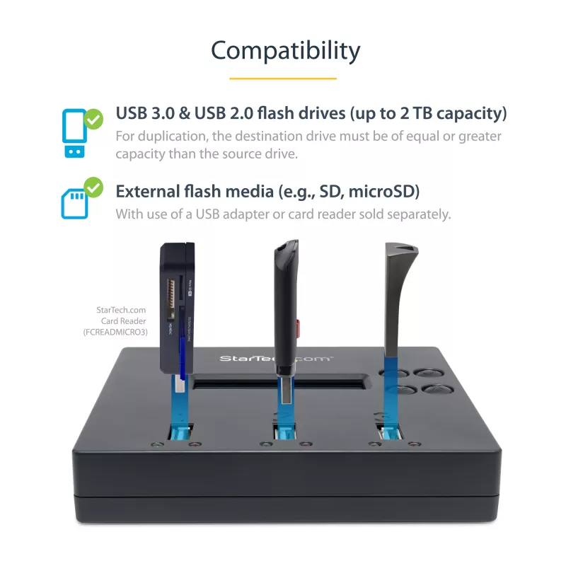 „StarTech.com“ atskiras USB atmintinės kopijuoklis ir trintuvas 1:2, kelių USB atmintinių kopijavimo įrenginys, sistemos, failų ir viso disko kopijavimas 1,5 GB/min greičiu, vienkartinis ir 3 kartų saugus trynimas, LCD ekranas – TAA