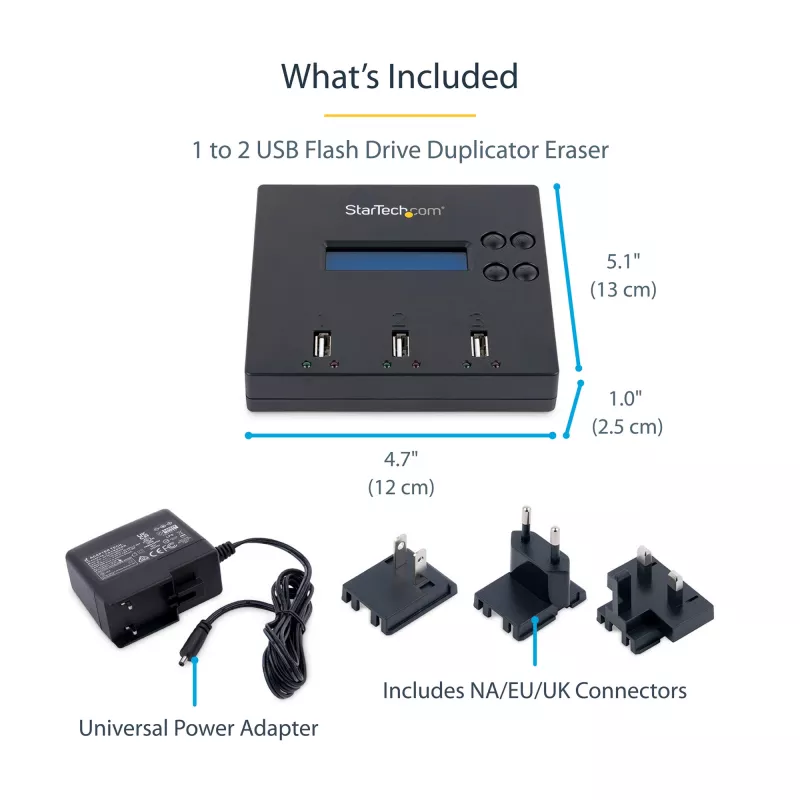„StarTech.com“ atskiras USB atmintinės kopijuoklis ir trintuvas 1:2, kelių USB atmintinių kopijavimo įrenginys, sistemos, failų ir viso disko kopijavimas 1,5 GB/min greičiu, vienkartinis ir 3 kartų saugus trynimas, LCD ekranas – TAA