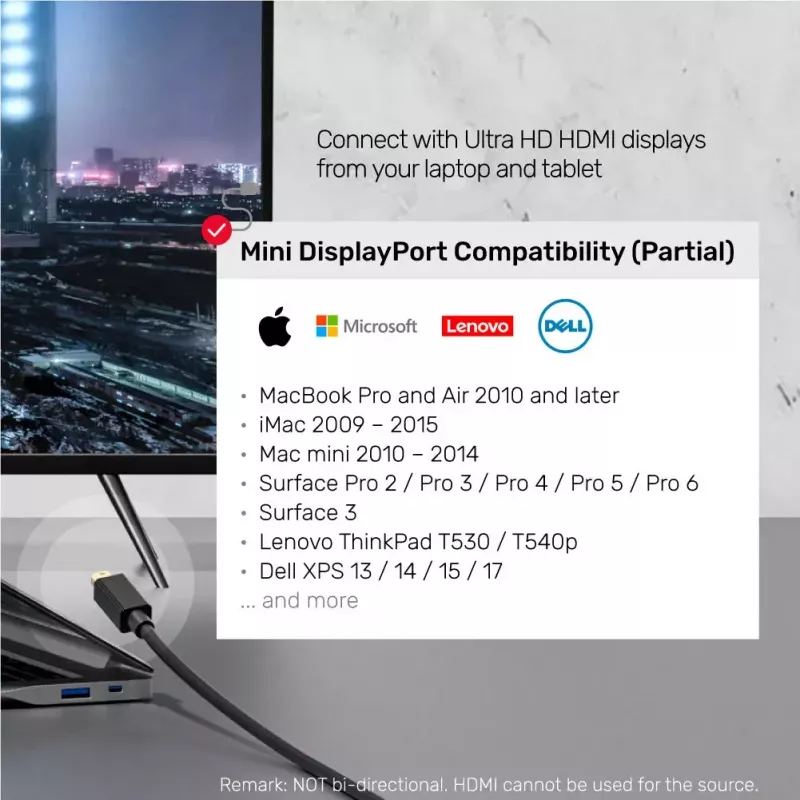 Vaizdo kabelio adapteris Unitek Mini DisplayPort į HDMI 2 m, HDMI 1.4, 4K@30Hz, HDCP 2.0, paauksuoti kontaktai, juodas