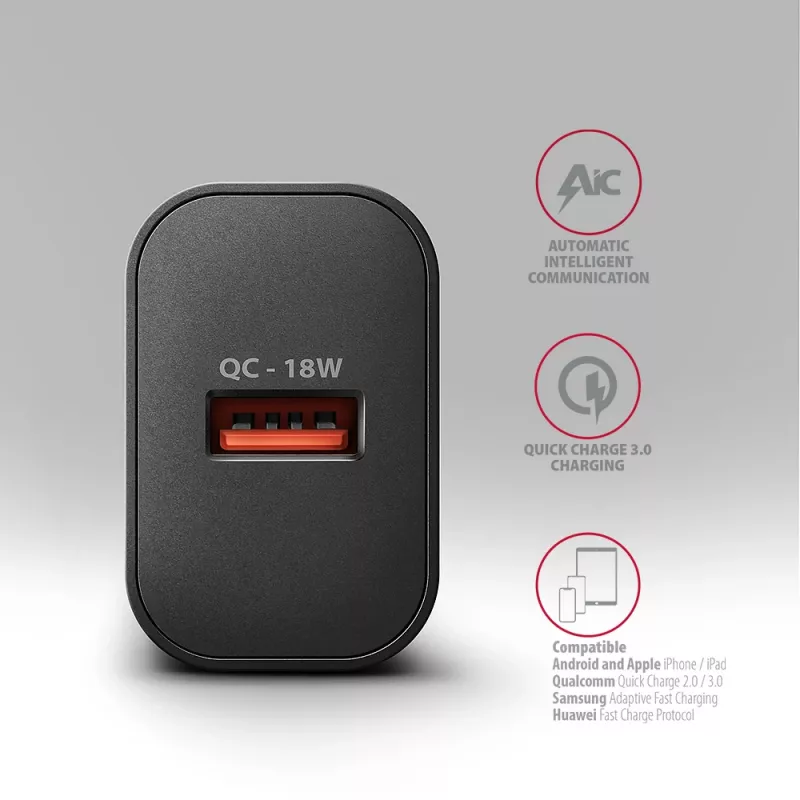 Axagon ACU-QC18 QC 3.0 1× OUTPUT sieninis įkroviklis 18W, patalpų, kintamoji srovė, juodas