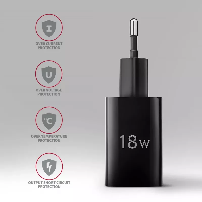 Axagon ACU-QC18 QC 3.0 1× OUTPUT sieninis įkroviklis 18W, patalpų, kintamoji srovė, juodas