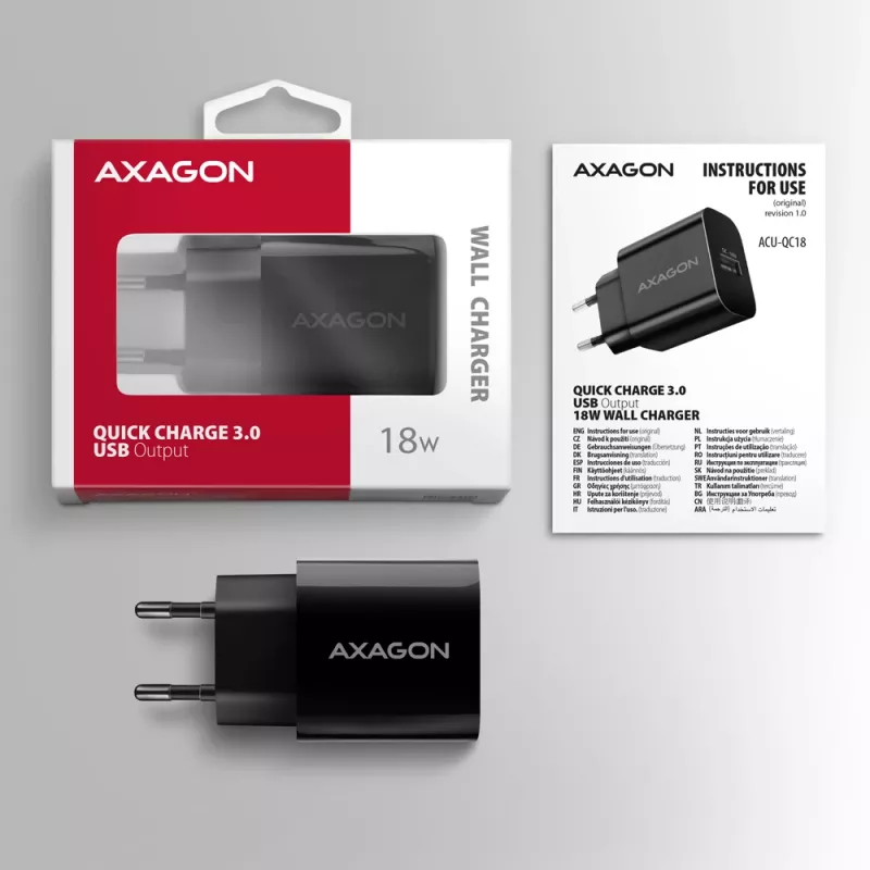 Axagon ACU-QC18 QC 3.0 1× OUTPUT sieninis įkroviklis 18W, patalpų, kintamoji srovė, juodas
