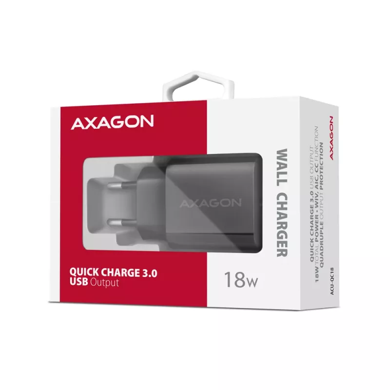 Axagon ACU-QC18 QC 3.0 1× OUTPUT sieninis įkroviklis 18W, patalpų, kintamoji srovė, juodas