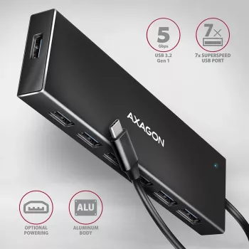 Axagon HUE-F7C 7x USB 3.2 Gen 1 ALU PLONAS hub mikro maitinimo IN 30cm USB-C USB 3.2 Gen 1 (3.1 Gen 1) Type-A 5000 Mbit/s Juoda