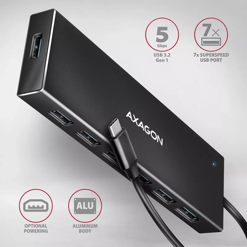Axagon HUE-F7C 7x USB 3.2 Gen 1 ALU PLONAS hub mikro maitinimo IN 30cm USB-C USB 3.2 Gen 1 (3.1 Gen 1) Type-A 5000 Mbit/s Juoda