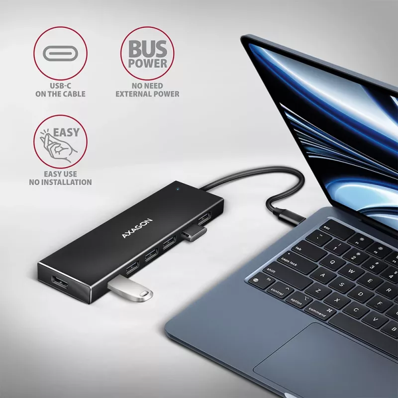 Axagon HUE-F7C 7x USB 3.2 Gen 1 ALU PLONAS hub mikro maitinimo IN 30cm USB-C USB 3.2 Gen 1 (3.1 Gen 1) Type-A 5000 Mbit/s Juoda