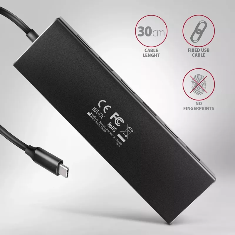 Axagon HUE-F7C 7x USB 3.2 Gen 1 ALU PLONAS hub mikro maitinimo IN 30cm USB-C USB 3.2 Gen 1 (3.1 Gen 1) Type-A 5000 Mbit/s Juoda