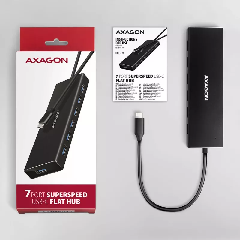 Axagon HUE-F7C 7x USB 3.2 Gen 1 ALU PLONAS hub mikro maitinimo IN 30cm USB-C USB 3.2 Gen 1 (3.1 Gen 1) Type-A 5000 Mbit/s Juoda