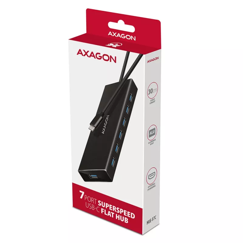 Axagon HUE-F7C 7x USB 3.2 Gen 1 ALU PLONAS hub mikro maitinimo IN 30cm USB-C USB 3.2 Gen 1 (3.1 Gen 1) Type-A 5000 Mbit/s Juoda