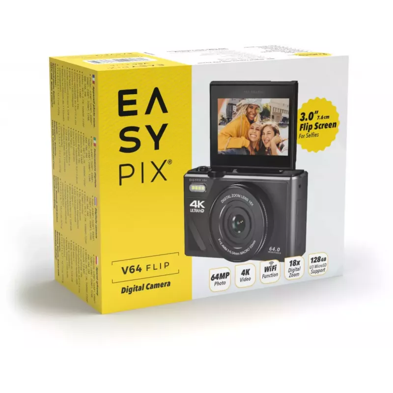 Kompaktiškas skaitmeninis fotoaparatas EASYPIX V64 Flip 20203 — 16 MP, 1080p vaizdo įrašas