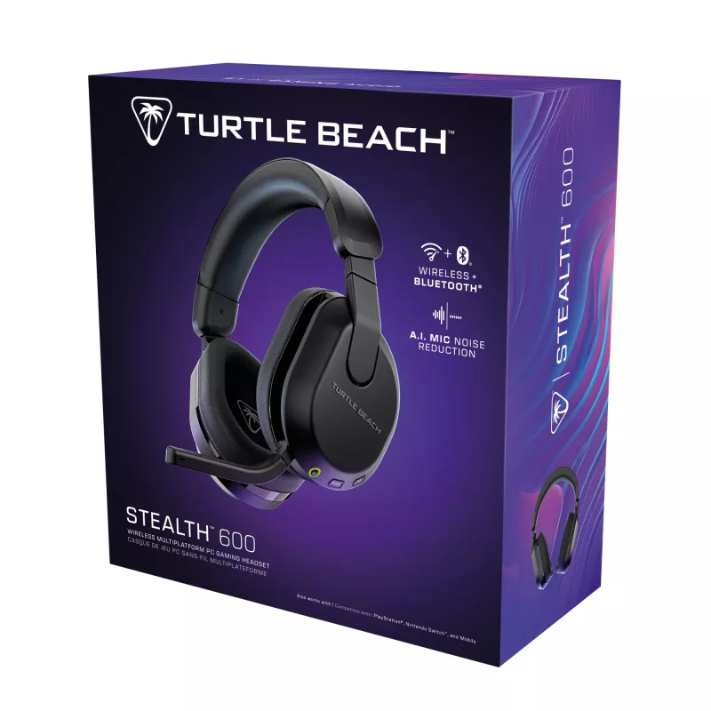 Turtle Beach Stealth 600 Juoda PC belaidės žaidimų ausinės su iki 80 val. baterija, 50 mm garsiakalbiais ir Bluetooth, skirtos PC, PS5, PS4 ir mobiliesiems įrenginiams