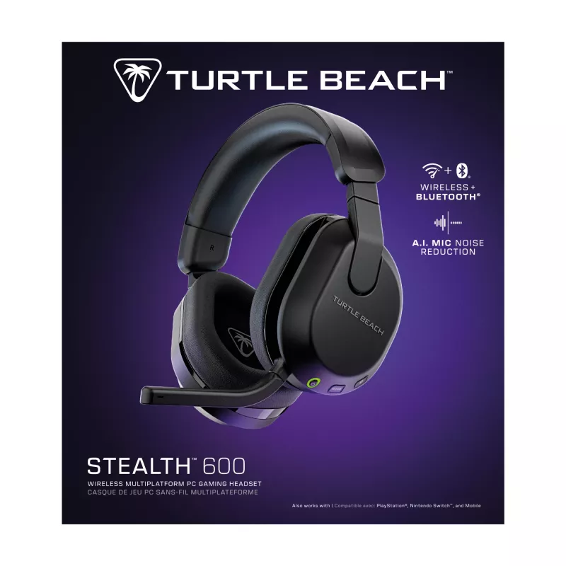 Turtle Beach Stealth 600 Juoda PC belaidės žaidimų ausinės su iki 80 val. baterija, 50 mm garsiakalbiais ir Bluetooth, skirtos PC, PS5, PS4 ir mobiliesiems įrenginiams