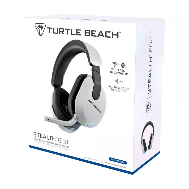 Turtle Beach Stealth 600 White PlayStation belaidės žaidimų ausinės su iki 80 val. baterija, 50 mm garsiakalbiais ir Bluetooth, skirtos PS5, PS4, PC ir mobiliesiems įrenginiams