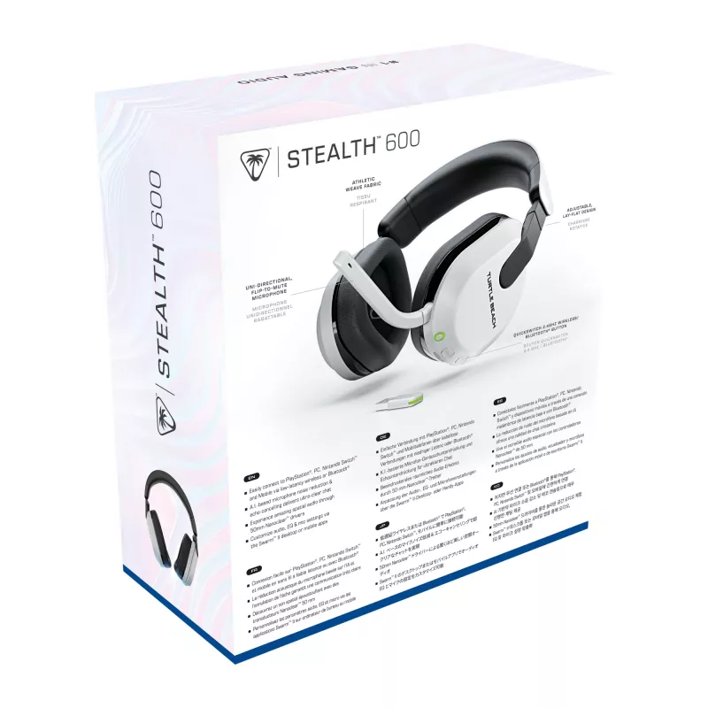 Turtle Beach Stealth 600 White PlayStation belaidės žaidimų ausinės su iki 80 val. baterija, 50 mm garsiakalbiais ir Bluetooth, skirtos PS5, PS4, PC ir mobiliesiems įrenginiams