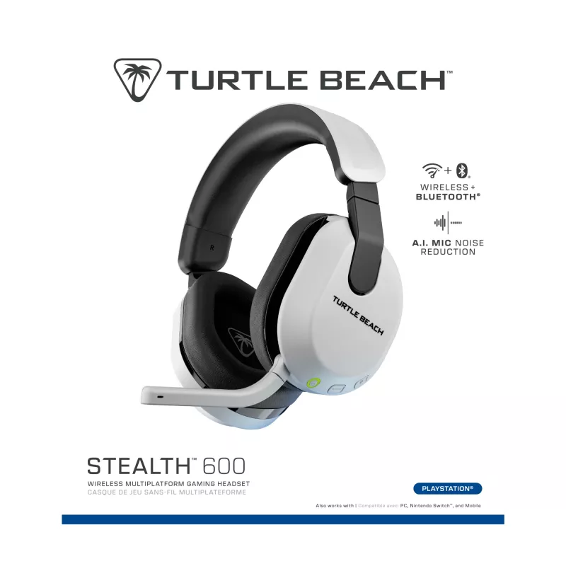 Turtle Beach Stealth 600 White PlayStation belaidės žaidimų ausinės su iki 80 val. baterija, 50 mm garsiakalbiais ir Bluetooth, skirtos PS5, PS4, PC ir mobiliesiems įrenginiams