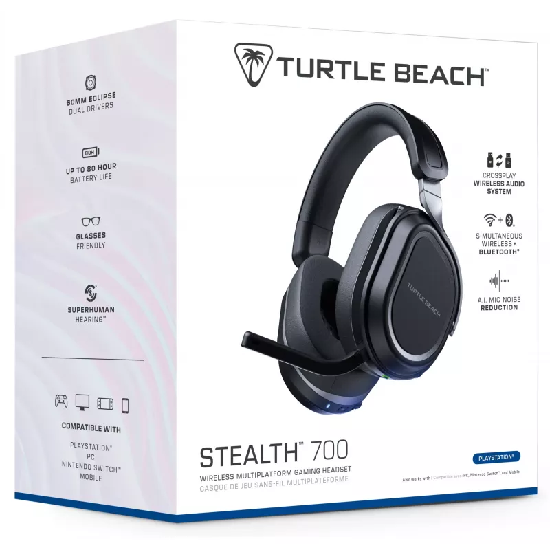 Turtle Beach Stealth 700 juodos belaidės PlayStation žaidimų ausinės su iki 80 val. baterija, Bluetooth, dvigubais siųstuvais ir 60 mm garsiakalbiais, skirtos PS5, PS4, PC ir mobiliesiems