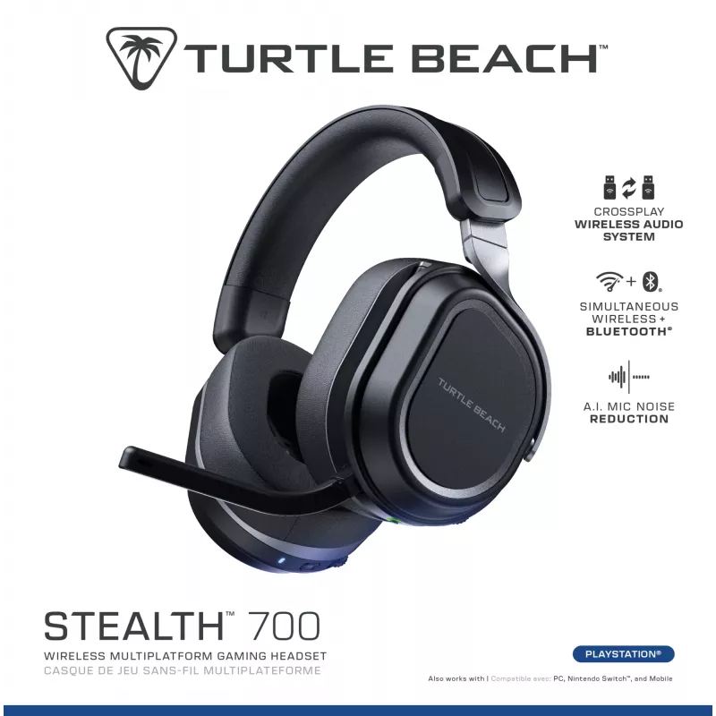 Turtle Beach Stealth 700 juodos belaidės PlayStation žaidimų ausinės su iki 80 val. baterija, Bluetooth, dvigubais siųstuvais ir 60 mm garsiakalbiais, skirtos PS5, PS4, PC ir mobiliesiems