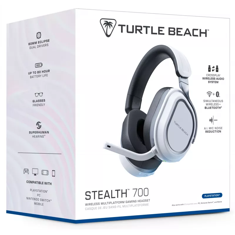 Turtle Beach Stealth 700 baltos spalvos PlayStation belaidės žaidimų ausinės su iki 80 val. baterija, Bluetooth, dviem siųstuvais ir 60 mm garsiakalbiais, skirtos PS5, PS4, PC ir mobiliesiems įrenginiams
