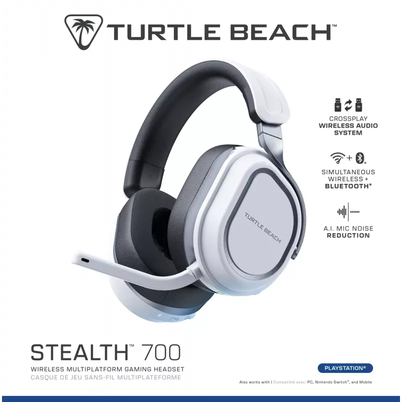 Turtle Beach Stealth 700 baltos spalvos PlayStation belaidės žaidimų ausinės su iki 80 val. baterija, Bluetooth, dviem siųstuvais ir 60 mm garsiakalbiais, skirtos PS5, PS4, PC ir mobiliesiems įrenginiams