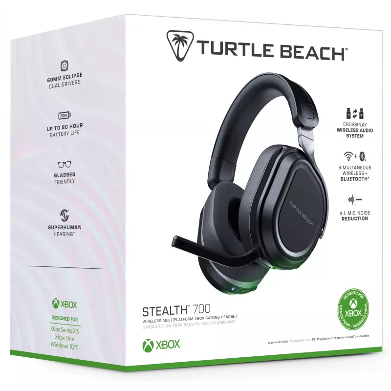 Turtle Beach Stealth 700 juodos belaidės žaidimų ausinės, skirtos Xbox, su 80 val. baterija, Bluetooth, dvigubais siųstuvais ir 60 mm garsiakalbiais, skirtos Xbox Series X arba S, Xbox One, kompiuteriui ir mobiliesiems įrenginiams