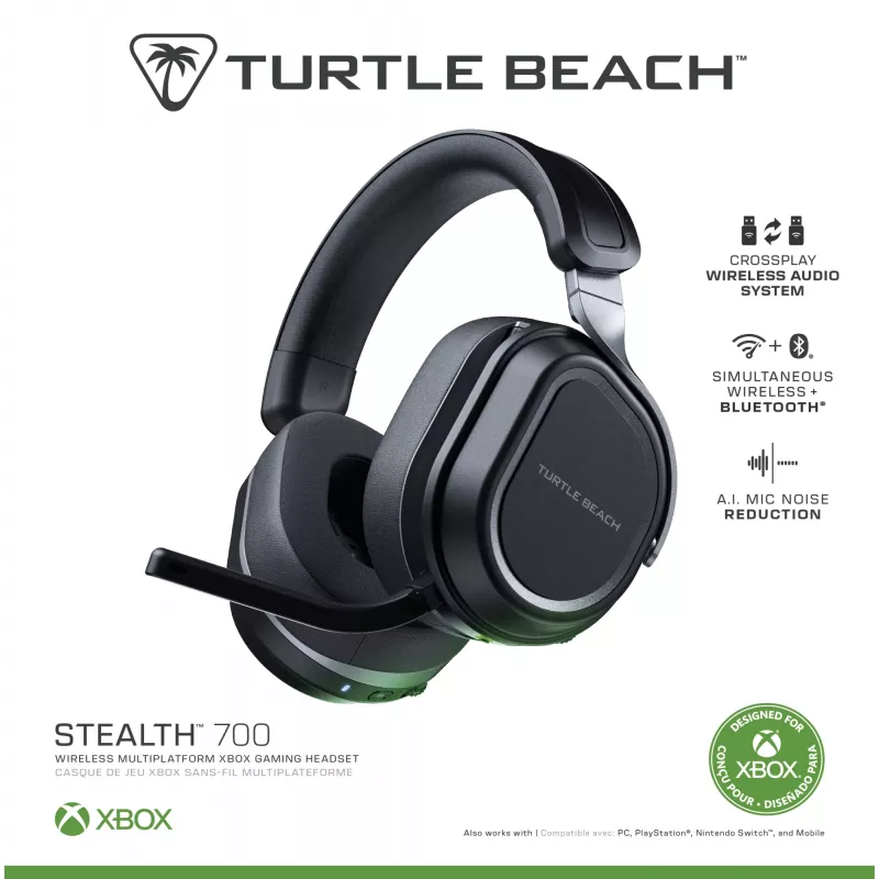 Turtle Beach Stealth 700 juodos belaidės žaidimų ausinės, skirtos Xbox, su 80 val. baterija, Bluetooth, dvigubais siųstuvais ir 60 mm garsiakalbiais, skirtos Xbox Series X arba S, Xbox One, kompiuteriui ir mobiliesiems įrenginiams