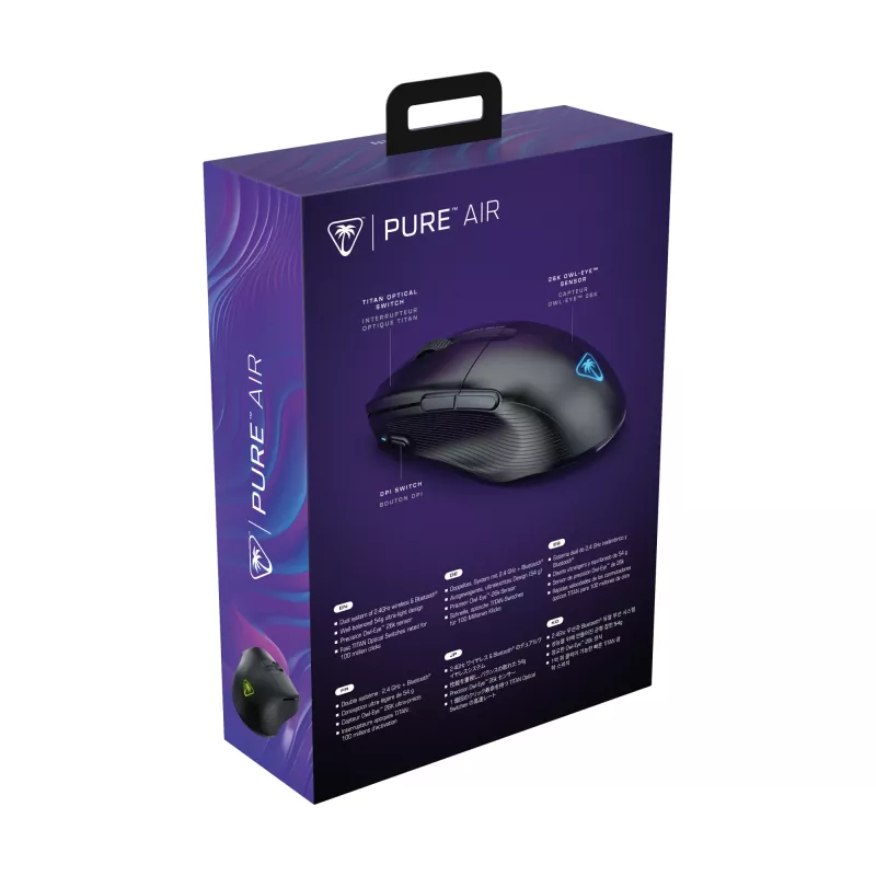 Turtle Beach Pure Air Juoda - itin lengva belaidė ergonominė RGB žaidimų pelė, 26K DPI optinis jutiklis, 125h baterija, RGB apšvietimas