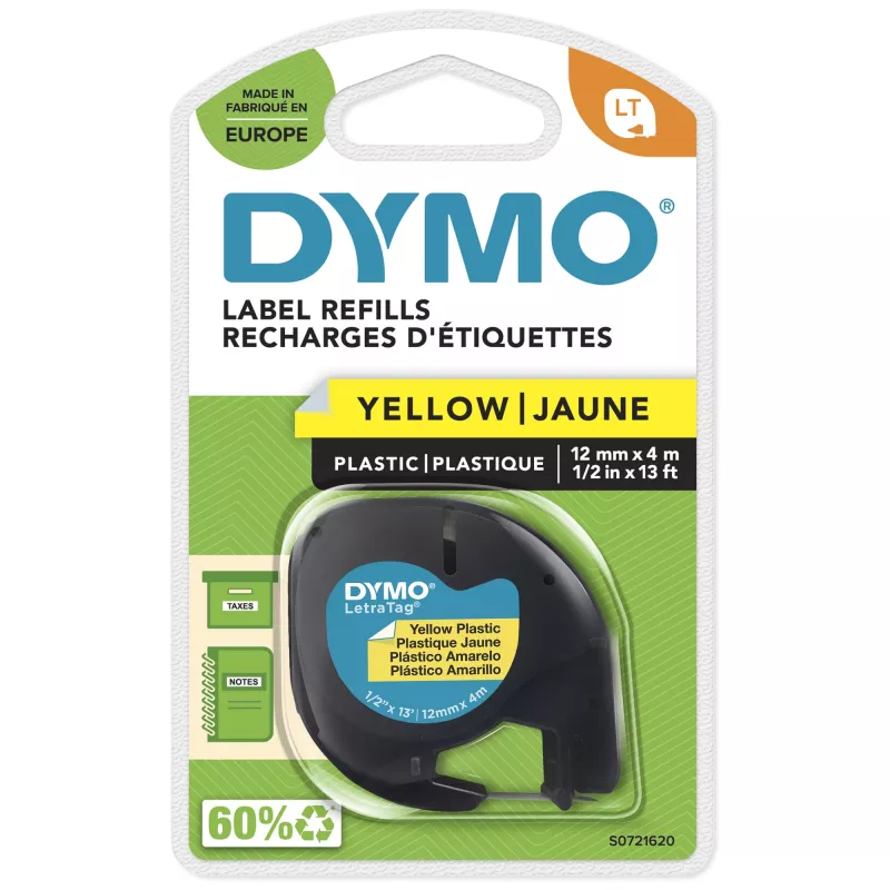 DYMO firminės LetraTag plastikinės etiketės | 12 mm x 4 m ritinėlis | Juodas spausdinimas ant geltonos | Universalios lipnios etiketės LetraTag žymekliams