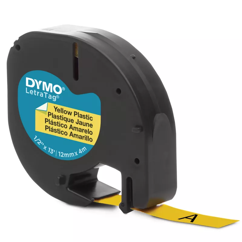 DYMO firminės LetraTag plastikinės etiketės | 12 mm x 4 m ritinėlis | Juodas spausdinimas ant geltonos | Universalios lipnios etiketės LetraTag žymekliams