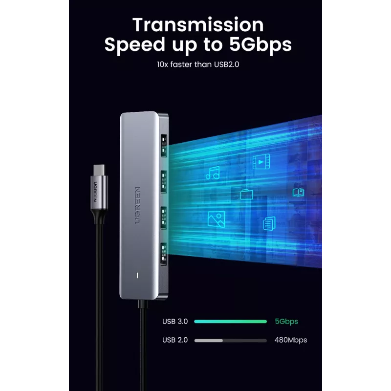Ugreen 70336 sąsajos šakotuvas USB 3.2 Gen 1 (3.1 Gen 1) Type-C 5000 Mbit/s