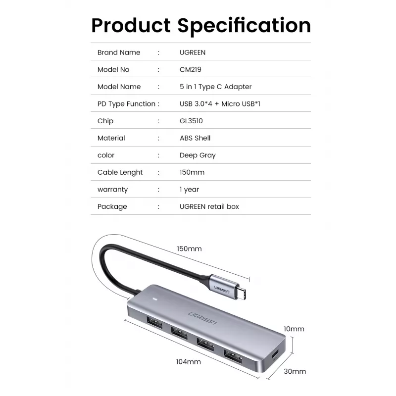 Ugreen 70336 sąsajos šakotuvas USB 3.2 Gen 1 (3.1 Gen 1) Type-C 5000 Mbit/s