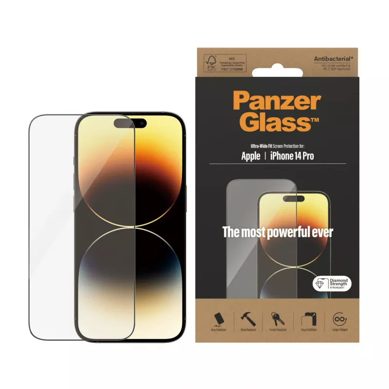 Ekrano apsauga PanzerGlass Apple iPhone 14 Pro itin platus pritaikymas, atspari įbrėžimams ir smūgiams