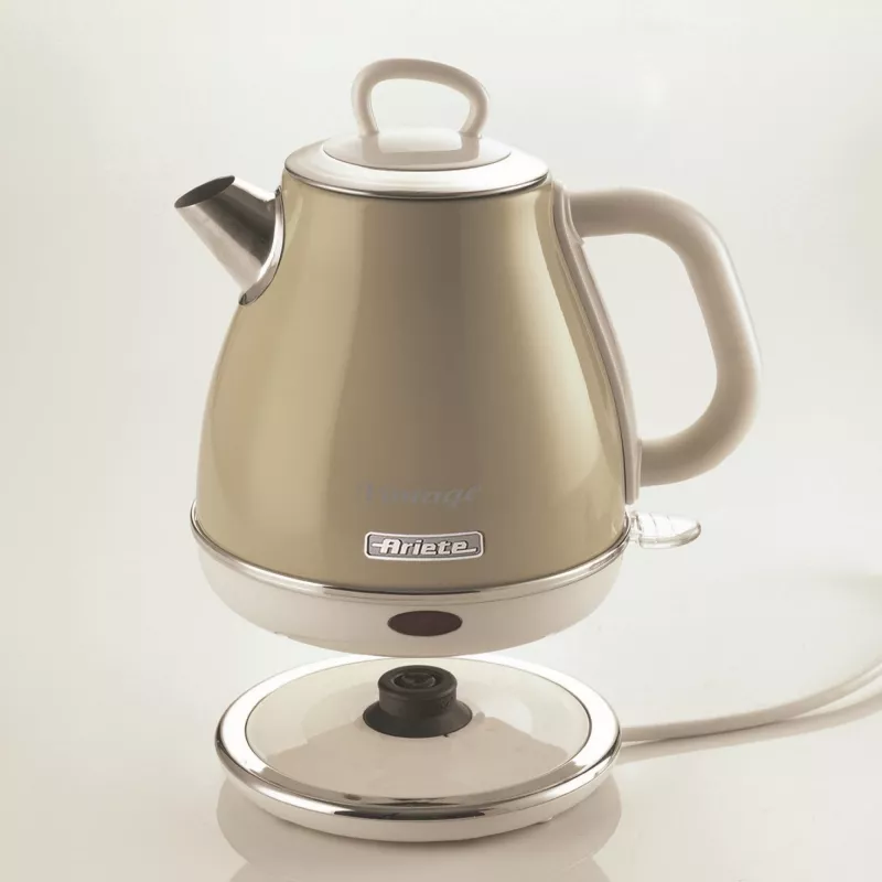 Ariete 2868 Vintage 1 L dizaino elektrinis virdulys iš nerūdijančio plieno užpilams, arbatai ir žolelių gėrimams, automatinio išsijungimo sistema, ergonomiška rankena, 1 litras, 1600 W, šviesiai smėlio spalvos