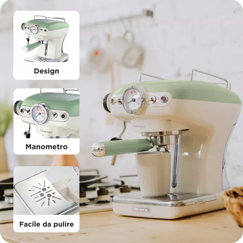 Ariete 1389 Vintage Espresso kavos aparatas – espreso kavos aparatas maltai kavai arba E.S.E. kapsulėms, pastelinės žalios spalvos