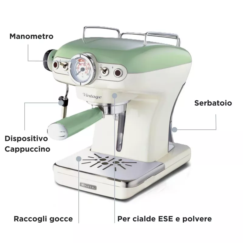 Ariete 1389 Vintage Espresso kavos aparatas – espreso kavos aparatas maltai kavai arba E.S.E. kapsulėms, pastelinės žalios spalvos