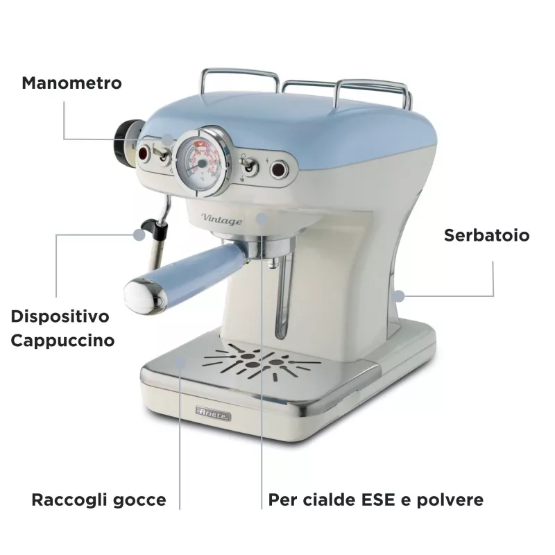 Ariete 1389 Vintage Espresso kavos aparatas - Espreso kavos aparatas maltai kavai arba ESE kapsulėms, pastelinės mėlynos spalvos